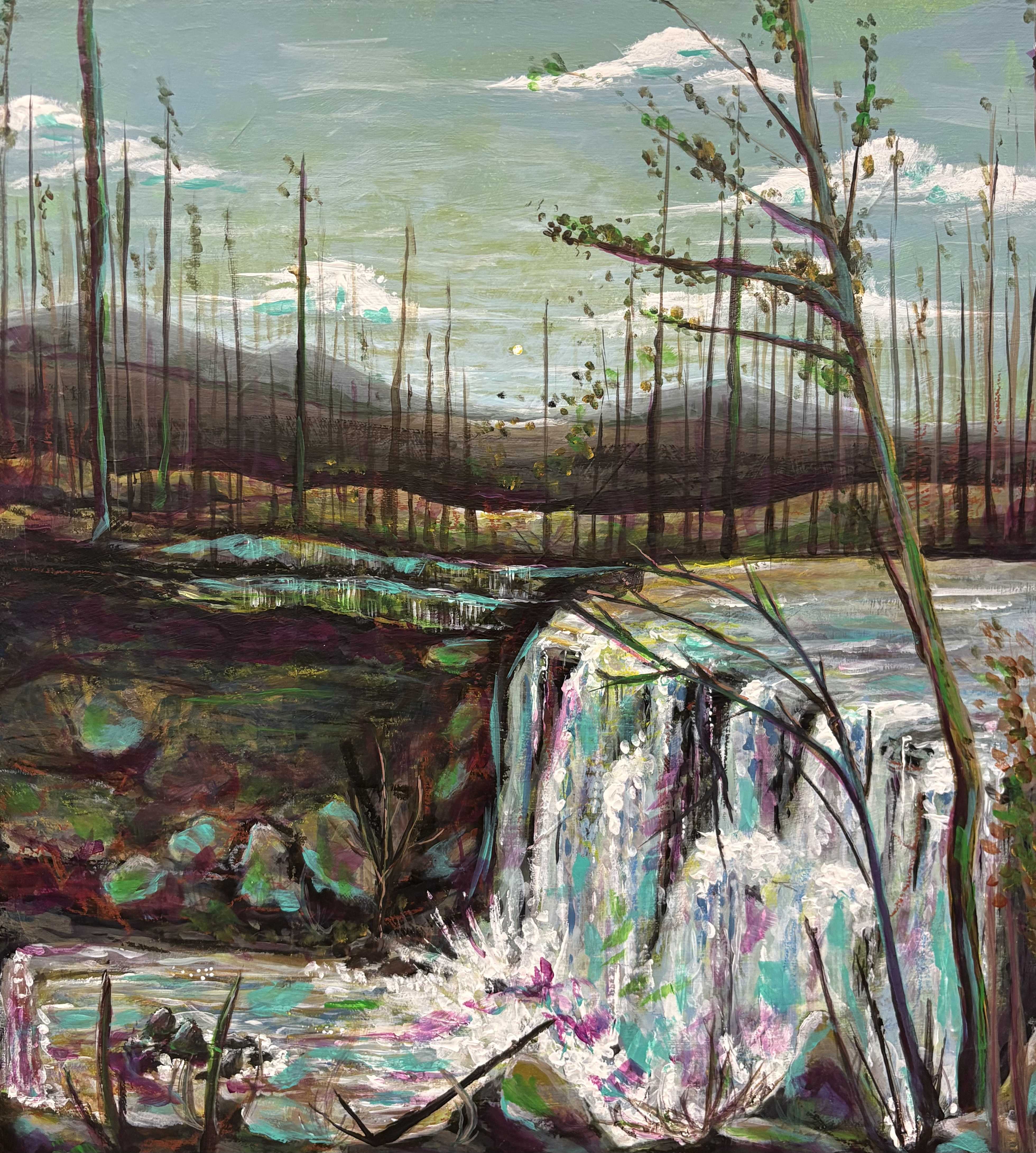 painting of an abstract waterfall and budding trees